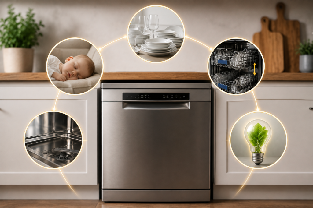 Modern dishwasher highlighting quiet operation, stainless steel tub, flexible racks, efficient cleaning, and energy-saving performance.