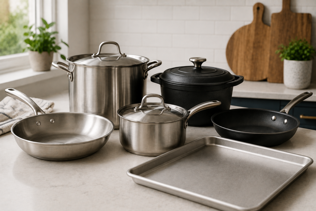 "Essential cookware including skillet, saucepan, stockpot, Dutch oven, and baking sheet arranged on a modern kitchen countertop."