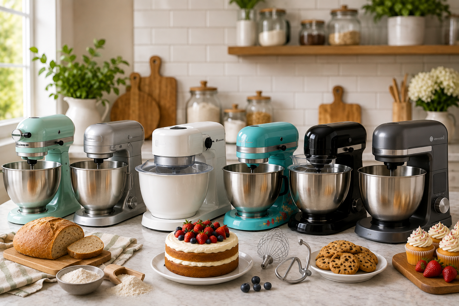 "Collection of modern stand mixers with stainless steel bowls displayed on a kitchen countertop alongside bread, cake, cookies, and baking ingredients, showcasing versatile mixers for home baking."