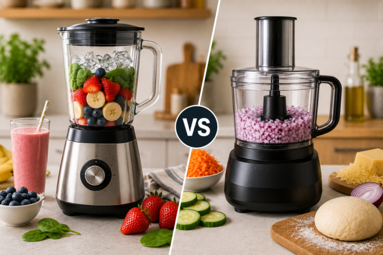 Side-by-side comparison of a countertop blender filled with fresh fruits and a food processor with chopped vegetables in a modern kitchen, showcasing the difference between blending and food processing appliances.