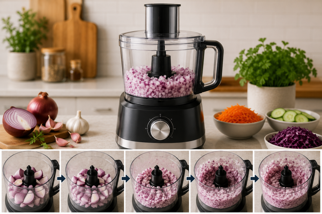 Modern food processor chopping red onions into evenly diced pieces on a kitchen countertop, with a step-by-step visual sequence showing how the food processor cuts and processes ingredients for efficient meal preparation.