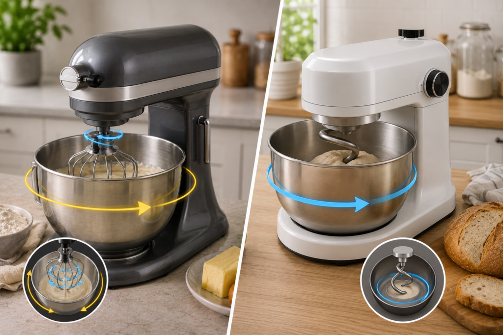 "Side-by-side comparison of planetary and spiral stand mixers mixing cake batter and bread dough, with motion arrows illustrating different mixing actions in a modern kitchen."