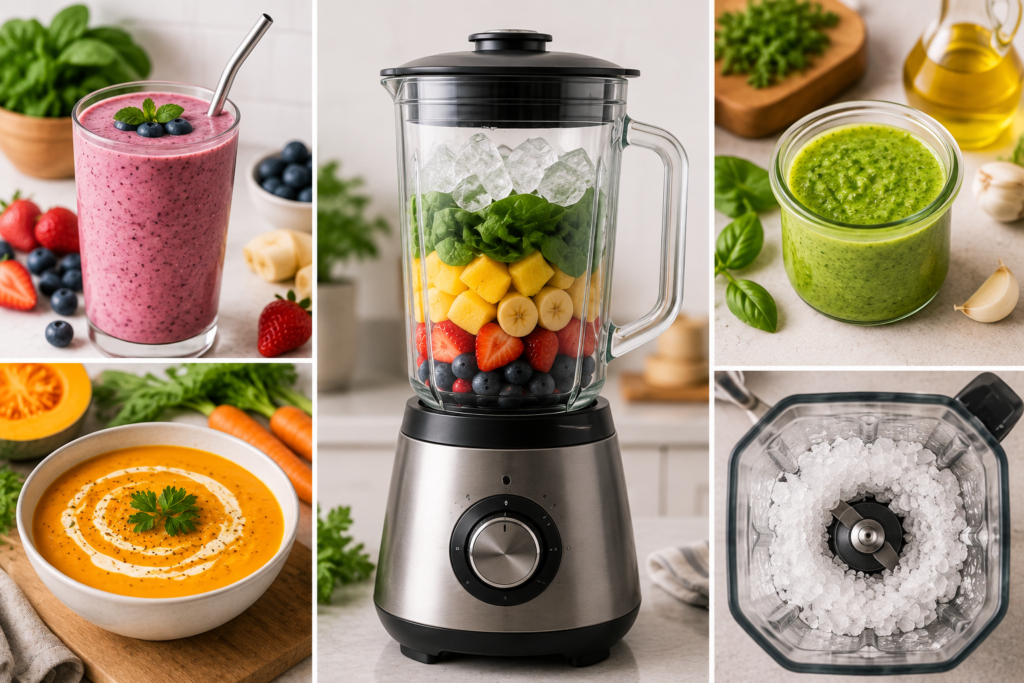 Modern countertop blender surrounded by fresh fruits, creamy soup, green sauce, and crushed ice, showcasing the blender’s versatility for smoothies, soups, sauces, and frozen drinks in a contemporary kitchen.