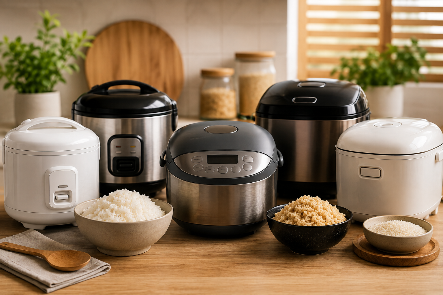 Collection of modern rice cookers in different sizes and finishes displayed on a wooden kitchen countertop with bowls of cooked and uncooked rice, highlighting popular rice cooker options for perfectly cooked rice at home.