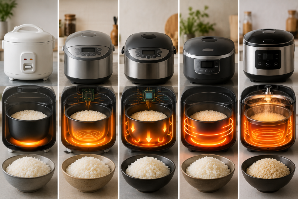 Comparison of different rice cooker heating technologies with cutaway views showing heat distribution inside the cooking pot, from basic heating systems to advanced induction and pressure cooking technology for perfectly cooked rice.