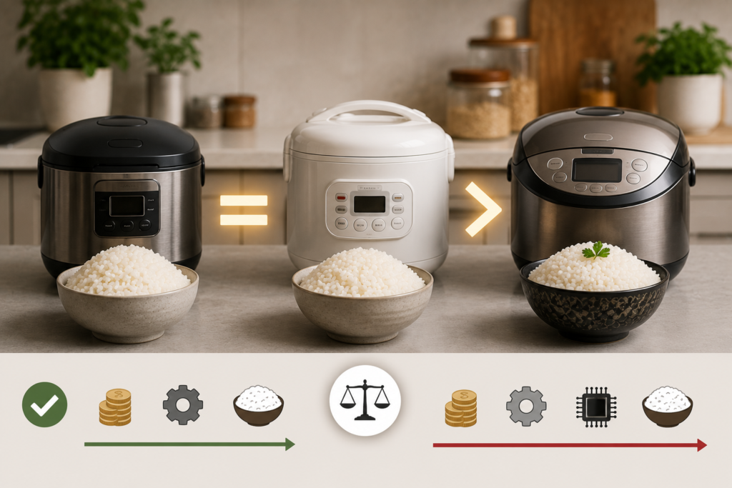 Three rice cookers comparing basic, mid-range, and premium cooking performance.