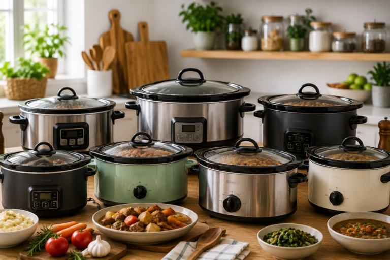 "Modern slow cookers with hearty family meals on a kitchen countertop."