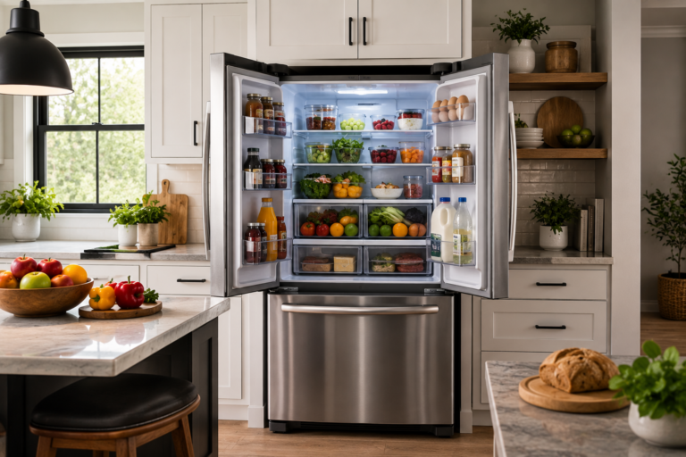 Modern French door refrigerator stocked with fresh food in a bright contemporary kitchen.