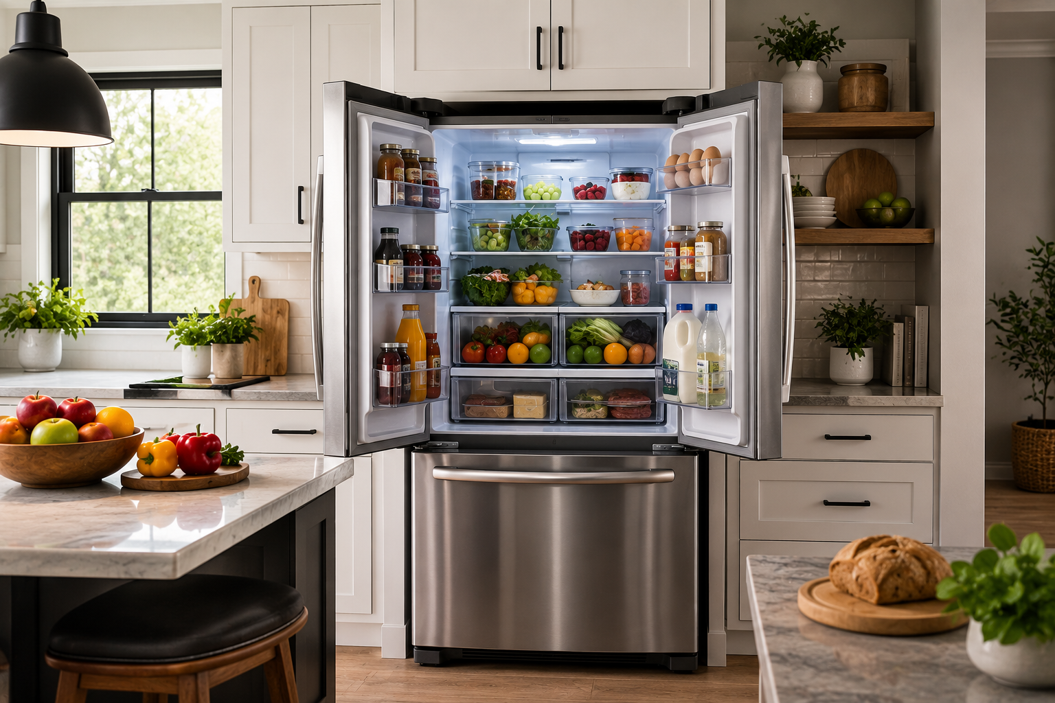 Modern French door refrigerator stocked with fresh food in a bright contemporary kitchen.