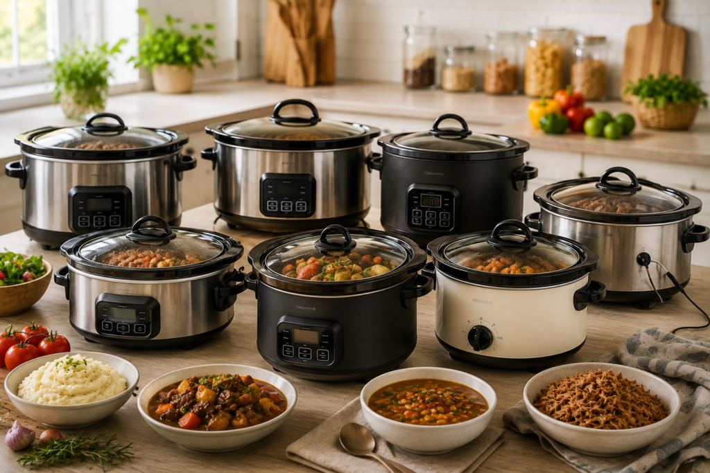 "Assorted slow cookers with freshly prepared family meals on a modern kitchen counter."
