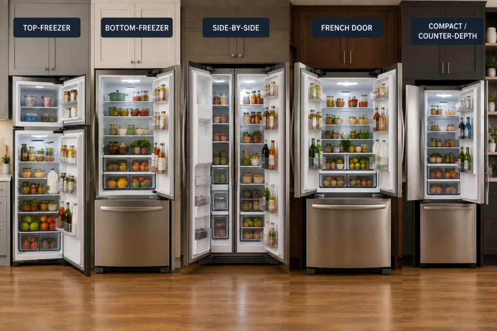 Comparison of top-freezer, bottom-freezer, side-by-side, French door, and counter-depth refrigerators in modern kitchens.