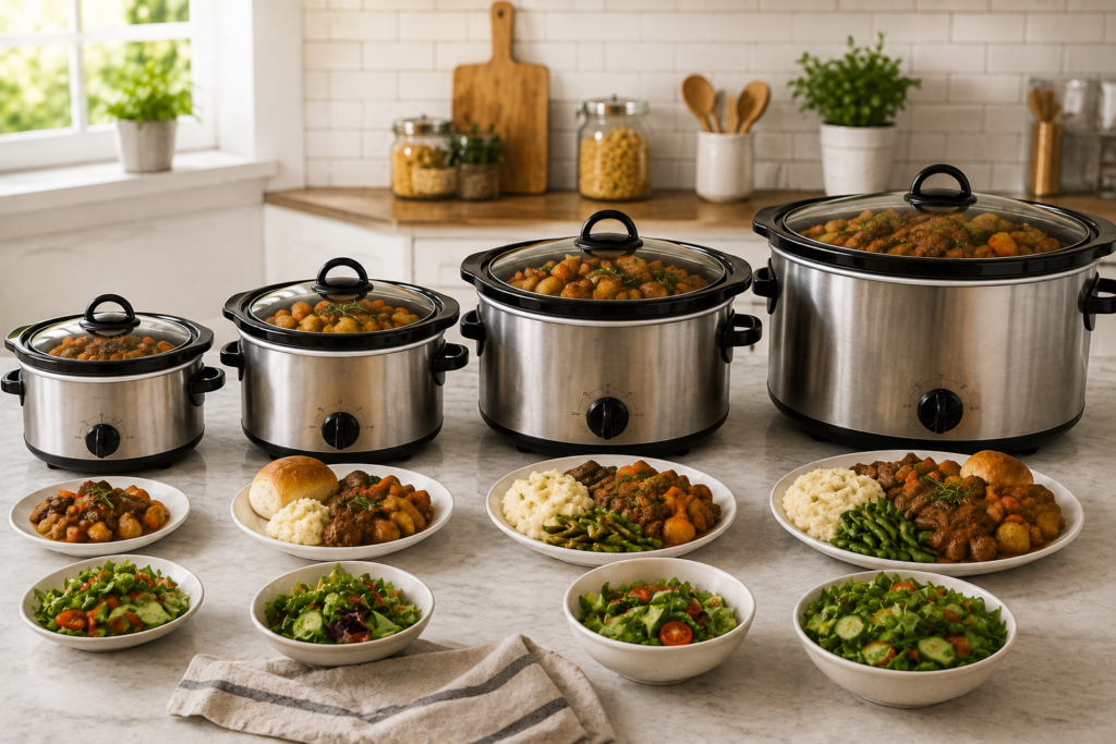 "Slow cookers in different sizes displayed with family-sized meal portions on a kitchen countertop."