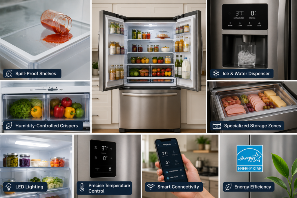 Modern refrigerator showcasing spill-proof shelves, crispers, smart controls, and organized food storage.