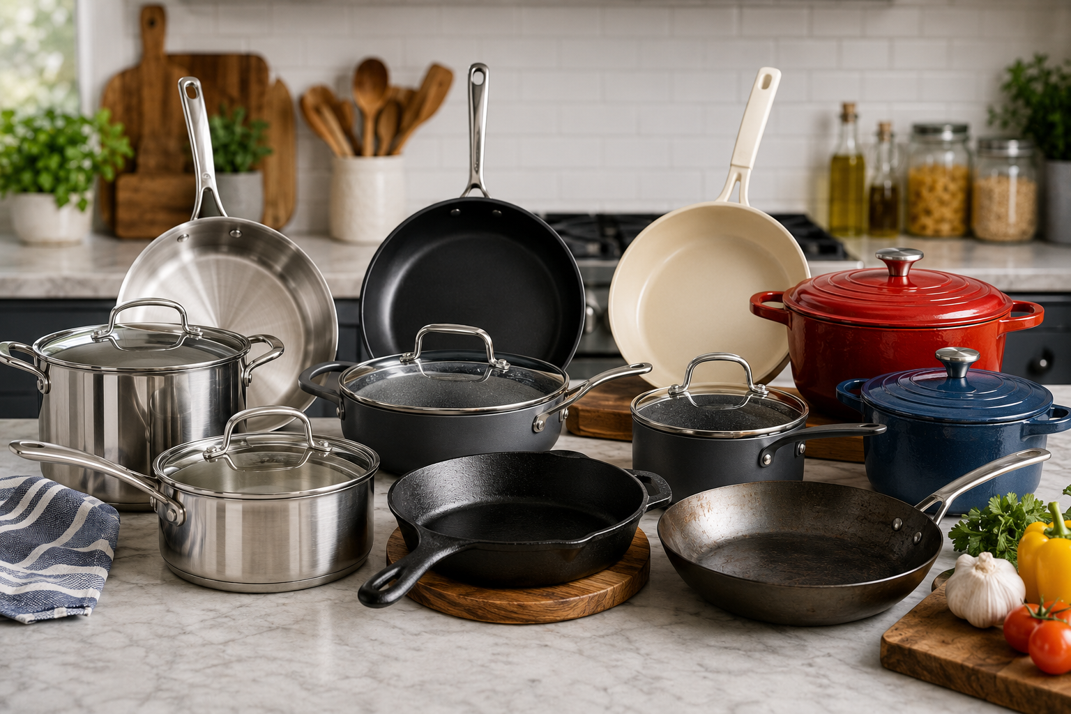 Complete cookware collection with stainless steel, cast iron, ceramic, and nonstick pots and pans in a modern kitchen.