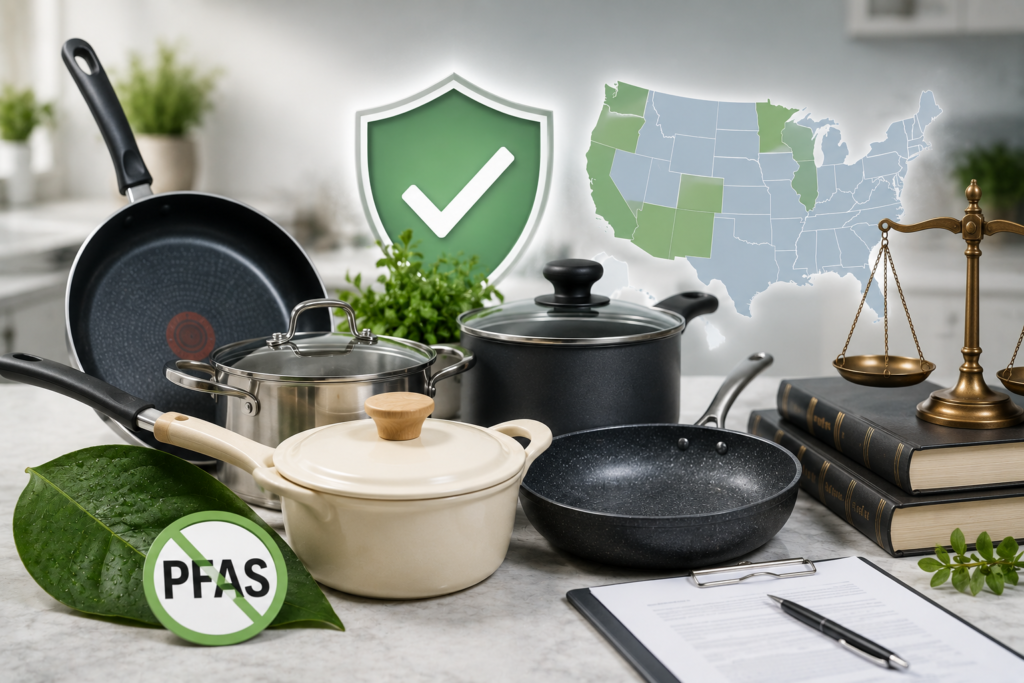 Nonstick and stainless steel cookware with safety shield and PFAS-free concept in a modern kitchen.