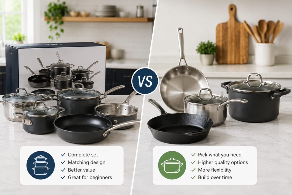Cookware set compared with individual pots and pans on a modern kitchen countertop.