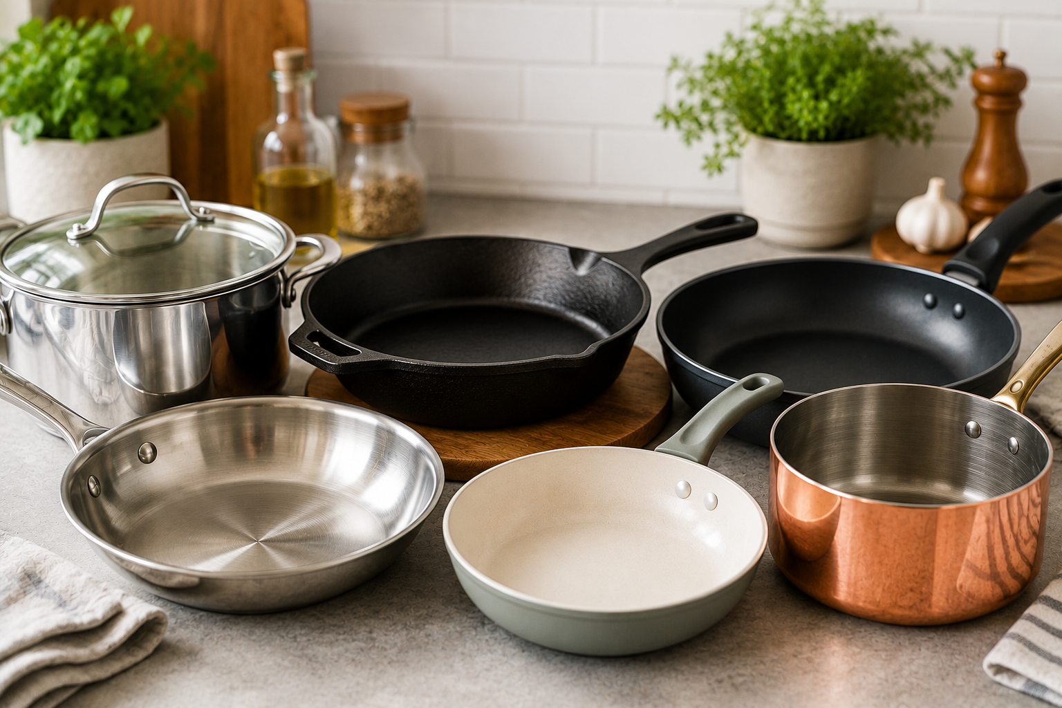 "Collection of stainless steel, cast iron, ceramic, non-stick, and copper cookware displayed on a modern kitchen countertop."