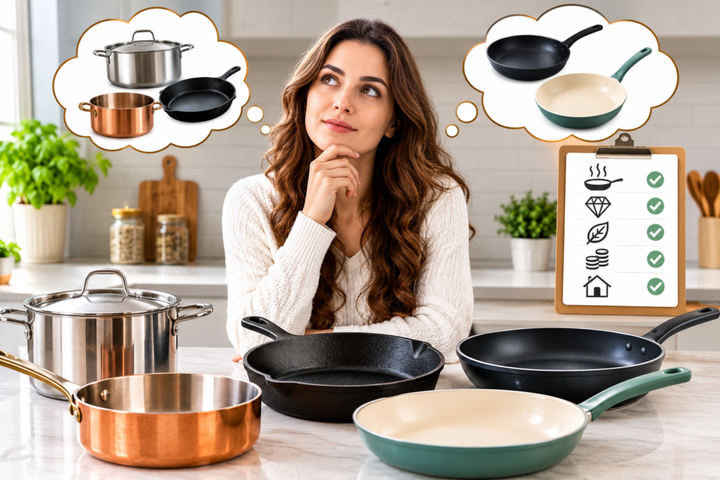 "Different cookware materials displayed with foods they cook best on a modern kitchen countertop."