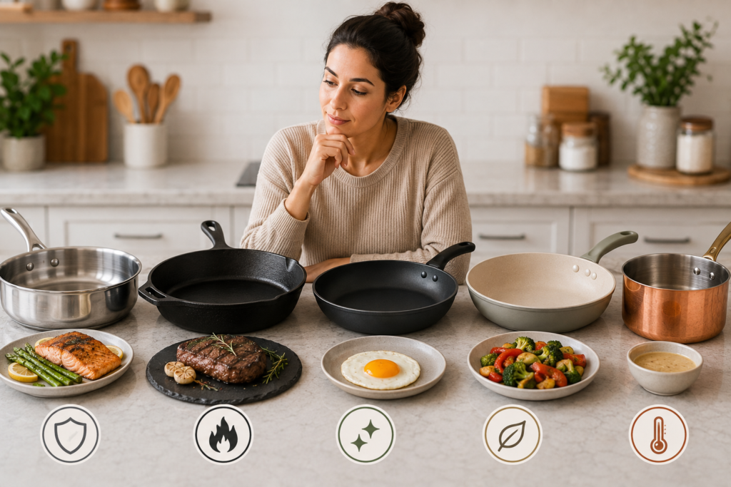 "Home cook comparing stainless steel, cast iron, non-stick, ceramic, and copper cookware for different cooking needs."
