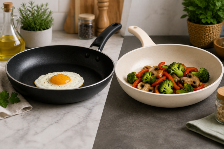 Ceramic and nonstick frying pans side by side in a modern kitchen with healthy home-cooked meals.