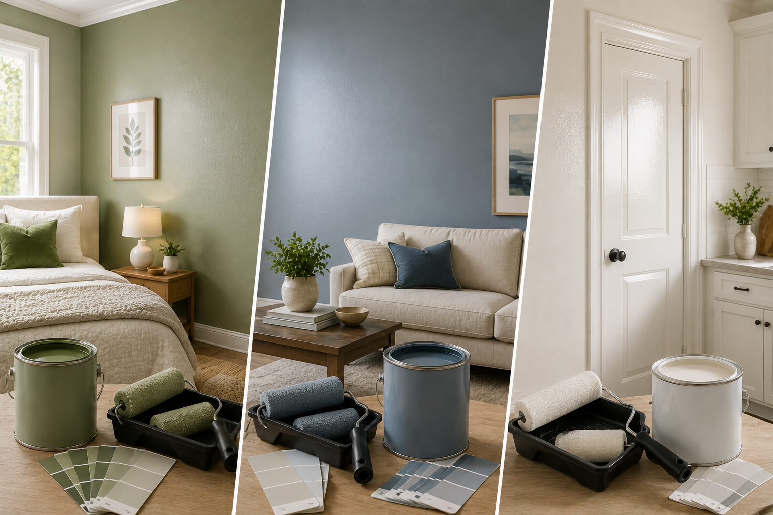 Matte, satin, and semi-gloss paint finishes shown in a bedroom, living room, and kitchen with paint cans, rollers, and color swatches.