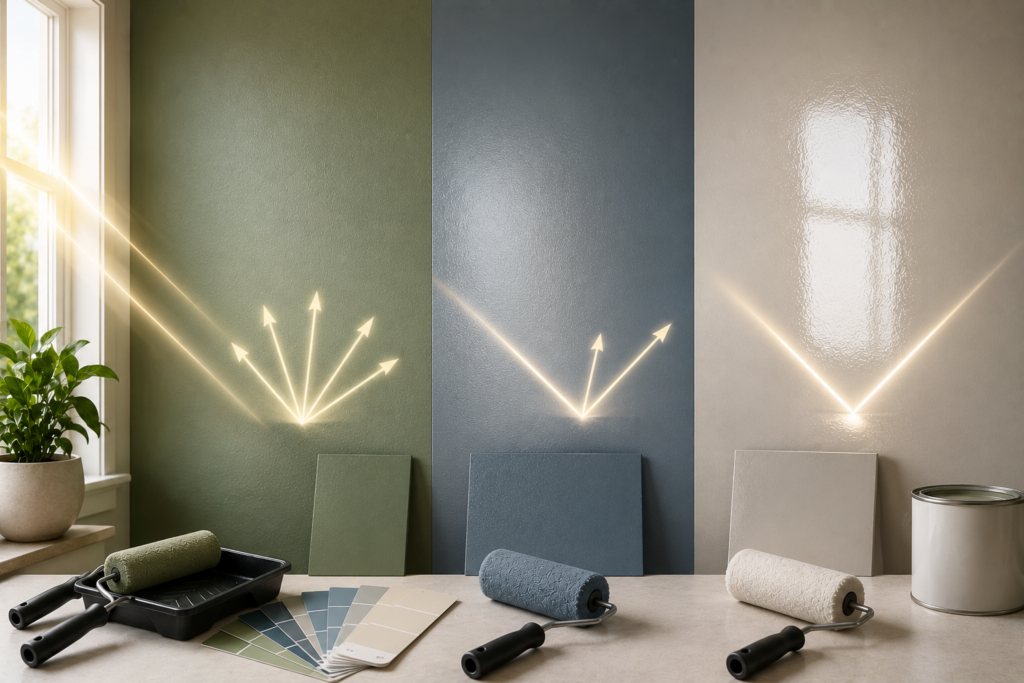Paint sheen comparison showing matte, satin, and glossy surfaces reflecting different amounts of natural light.
