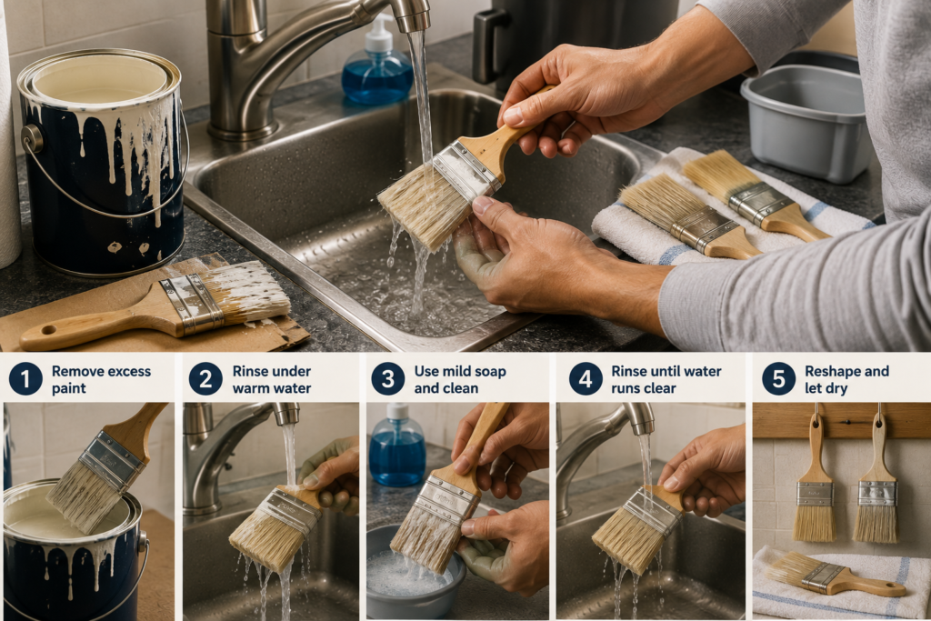 Paintbrush being rinsed and cleaned at a sink with soap, water, towels, and other painting supplies nearby.