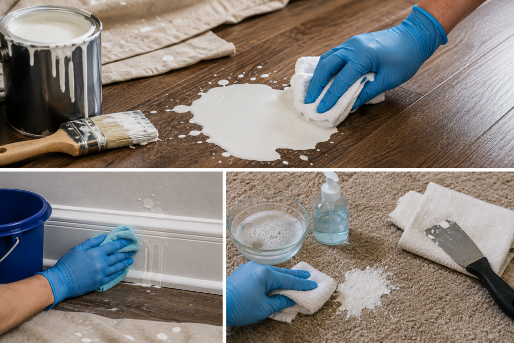 Homeowner cleaning fresh and dried paint spills from hardwood flooring, baseboards, and carpet using cloths, soapy water, and a scraper.
