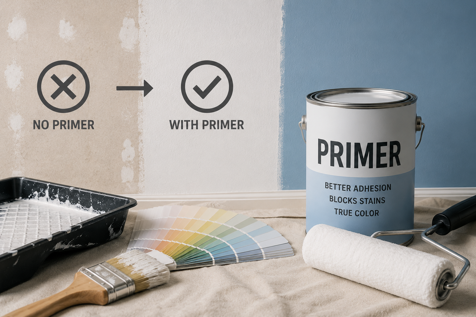 Paint primer and painting tools arranged beside a wall showing the transition from a prepared surface to a finished painted wall.