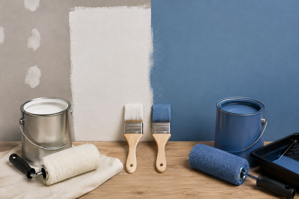 Side-by-side painting setup showing primer preparing a wall surface and paint providing the final blue finish, with brushes, rollers, and paint cans.