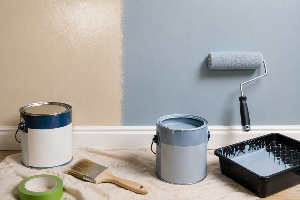 Freshly painted light blue-gray wall over a clean, previously painted surface with paint roller, brush, tray, and paint cans arranged for a simple repaint project.