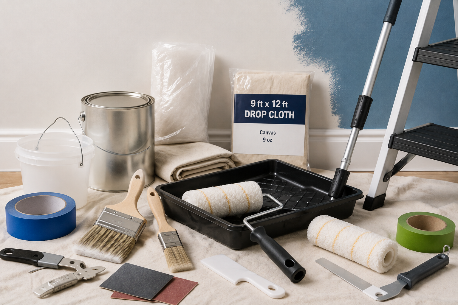Complete DIY painting toolkit with brushes, rollers, paint tray, painter’s tape, drop cloths, surface-prep tools, extension pole, and ladder arranged for a home painting project.