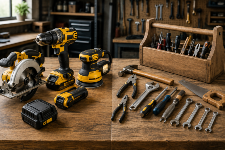 Power tools and hand tools arranged separately on a wooden workshop bench, including a cordless drill, circular saw, sander, hammer, pliers, wrenches, screwdrivers, and hand saw.