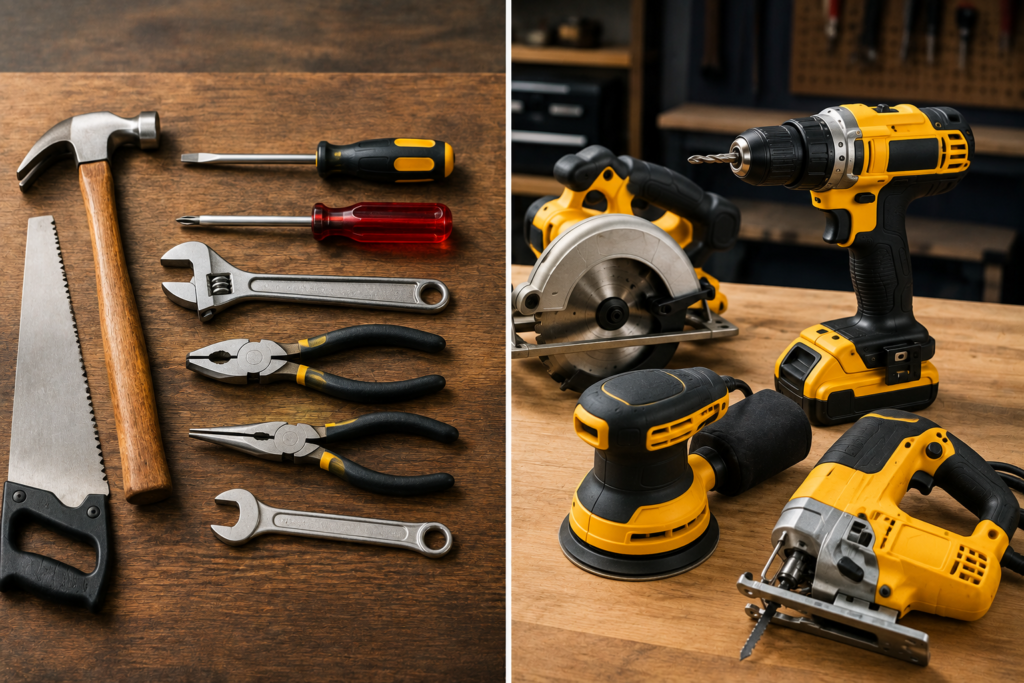 Side-by-side workshop scene showing manual hand tools such as a hammer, screwdrivers, wrench, pliers, and hand saw alongside powered tools including a cordless drill, circular saw, sander, and jigsaw.