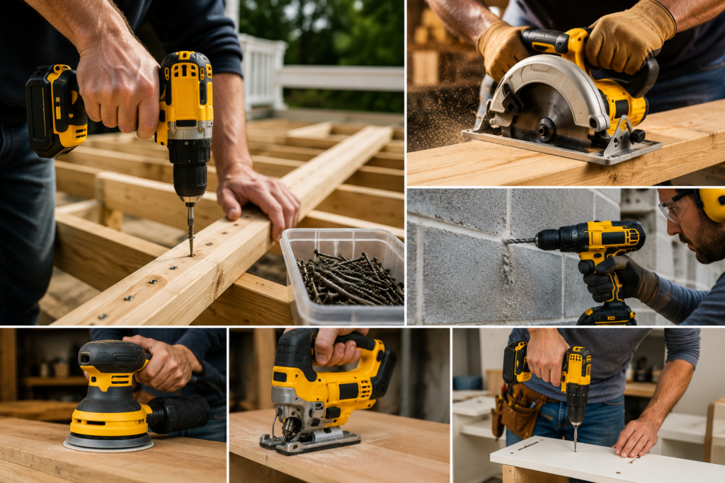 DIY projects using cordless drills, a circular saw, sander, and jigsaw for repetitive drilling, cutting lumber, sanding surfaces, and working with harder materials.