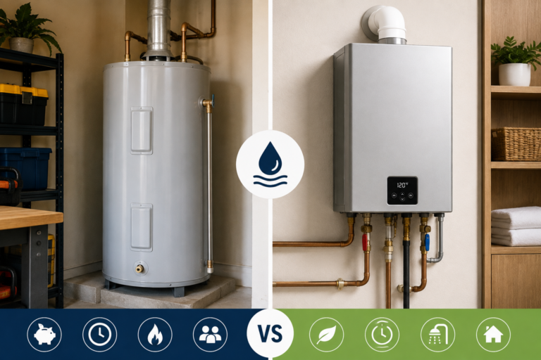Traditional tank water heater and compact wall-mounted tankless water heater shown in separate residential utility spaces, highlighting their different sizes and installation styles.