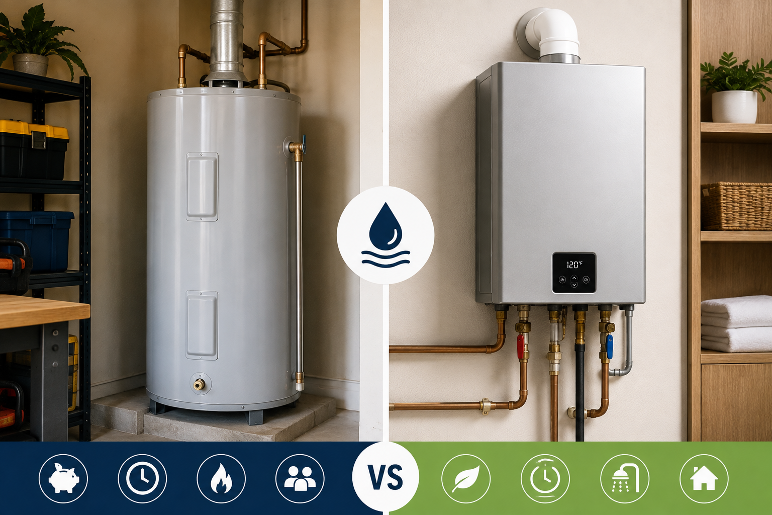 Traditional tank water heater and compact wall-mounted tankless water heater shown in separate residential utility spaces, highlighting their different sizes and installation styles.