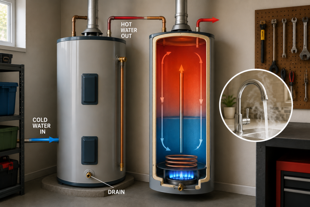 Cutaway view of a traditional tank water heater showing stored hot water, incoming cold water, internal heating element, insulation, and circulating water inside the tank.