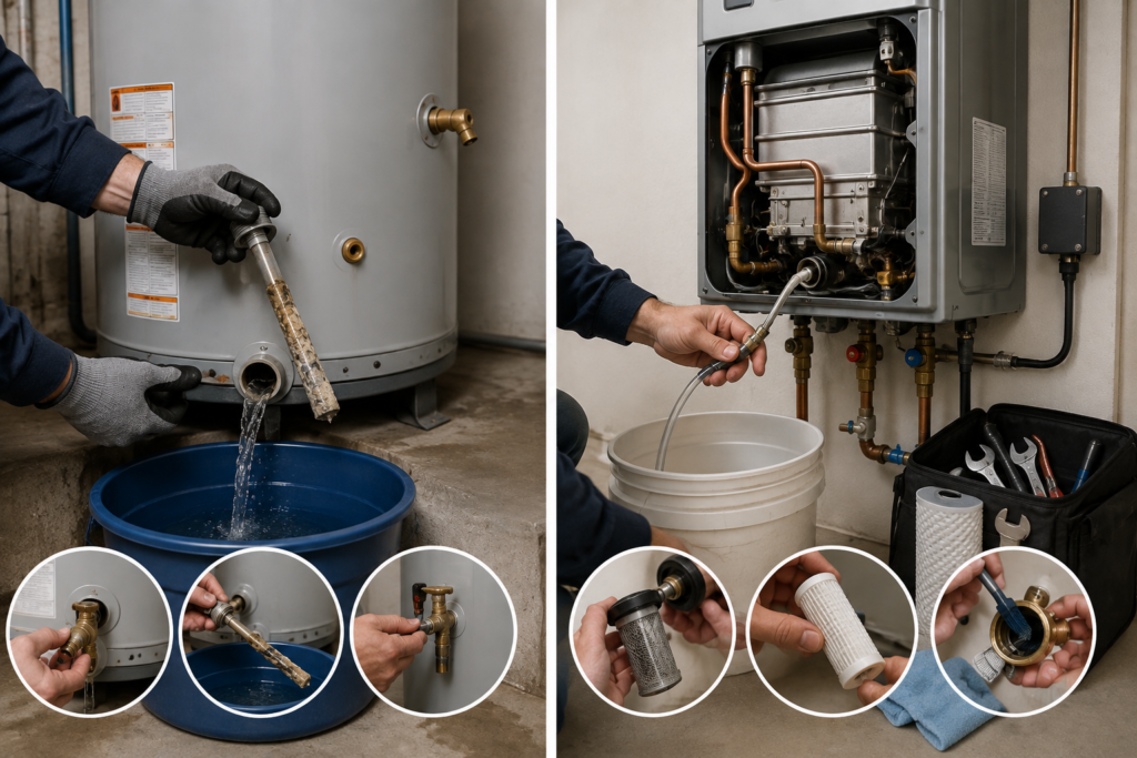 Side-by-side water heater maintenance scene showing a traditional tank being drained and inspected alongside a tankless unit being flushed and cleaned with maintenance tools.