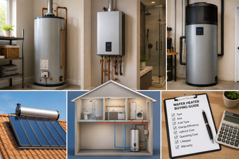 Modern American home utility spaces featuring conventional, tankless, heat pump, and solar water heaters with residential hot-water use scenes.