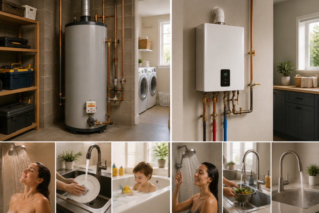 Traditional tank and compact tankless water heaters shown side by side in realistic American home utility spaces, with everyday hot-water use scenes.