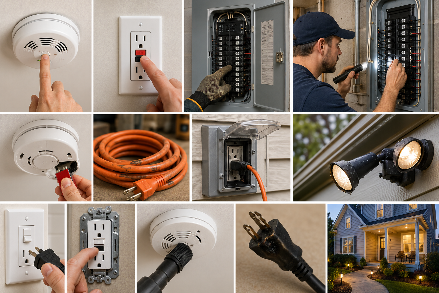 Home electrical safety maintenance scenes showing smoke detectors, GFCI outlets, breaker panels, extension cords, outdoor outlets, lighting, and a residential home.