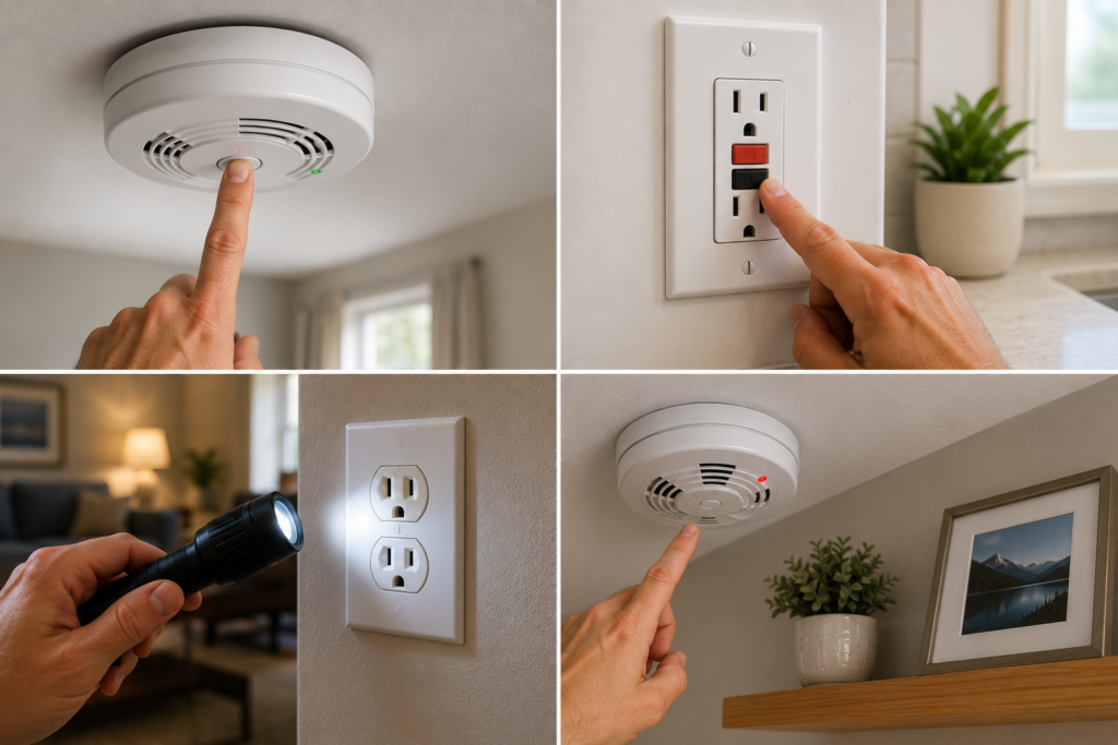 Monthly home electrical safety checks showing smoke detector testing, GFCI outlet testing, outlet inspection, and checking a smoke alarm.