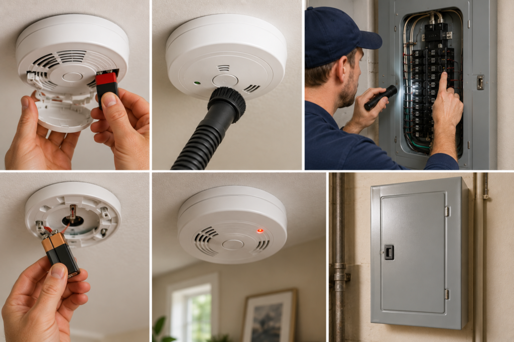 Annual home electrical maintenance scenes showing smoke detector battery replacement, detector cleaning and testing, backup battery checks, professional breaker panel inspection, and electrical panel exterior inspection.