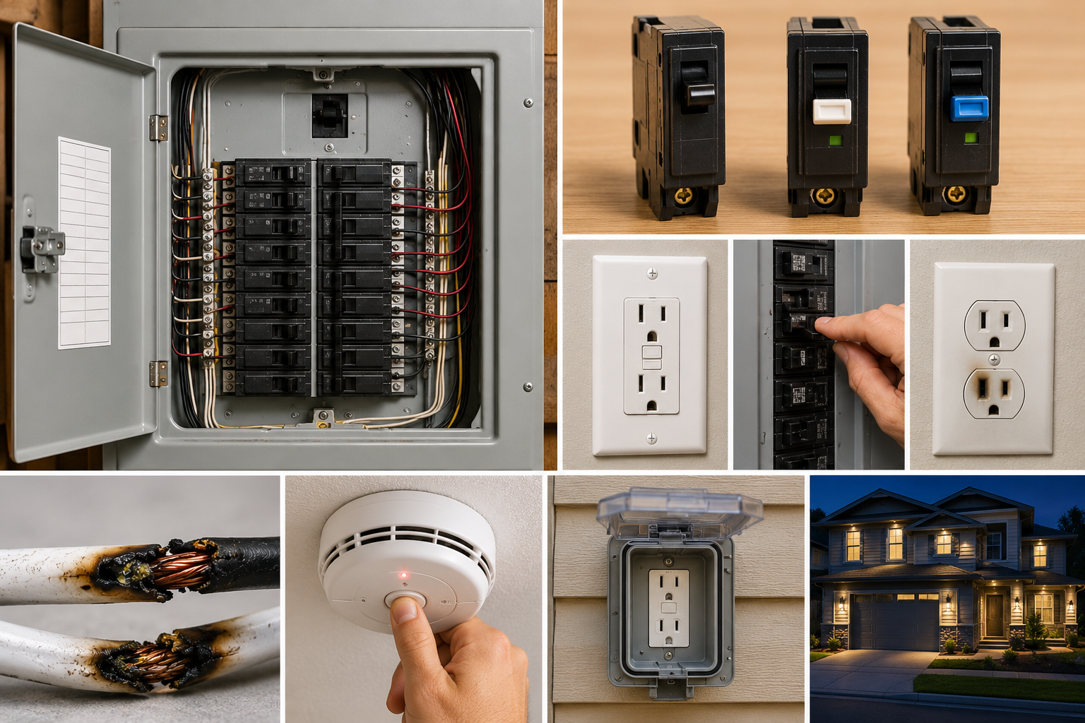 Wide rectangular collage showing a residential breaker panel, circuit breakers, electrical outlets, damaged wiring, smoke detector testing, outdoor receptacle, and a suburban home.