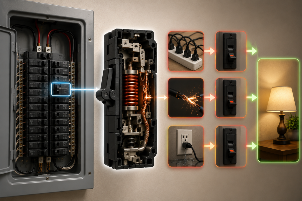 Residential circuit breaker panel with a detailed breaker mechanism, electrical fault scenarios, automatic tripping, and a safely powered household lamp.