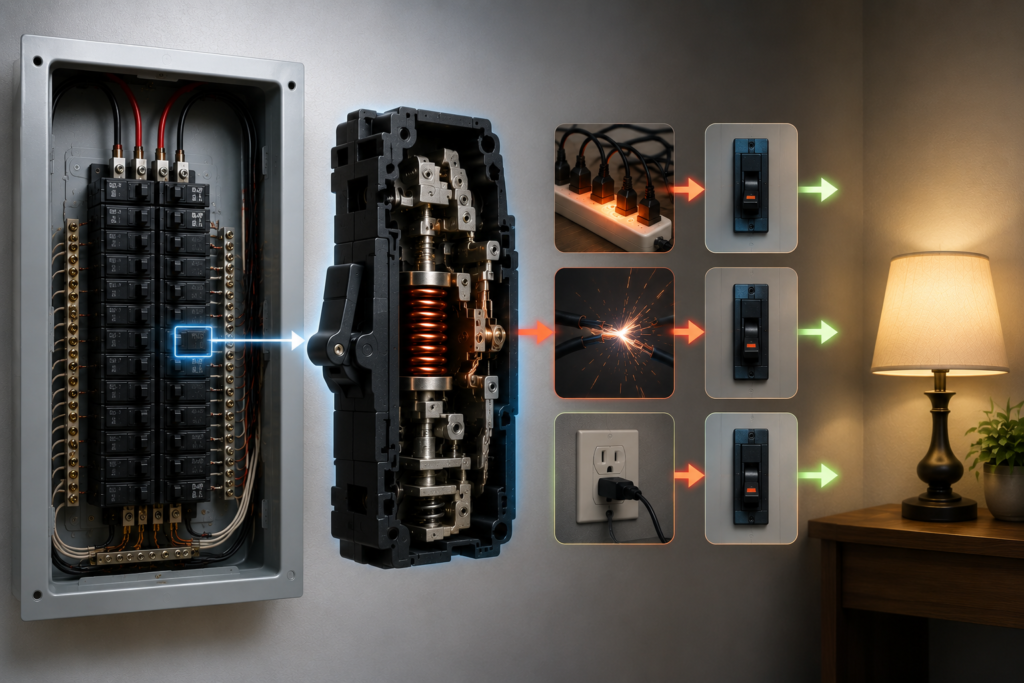 Wide rectangular image showing a residential circuit breaker panel, detailed internal breaker mechanism, electrical overload and short-circuit scenarios, tripped breakers, and a safely illuminated household lamp.