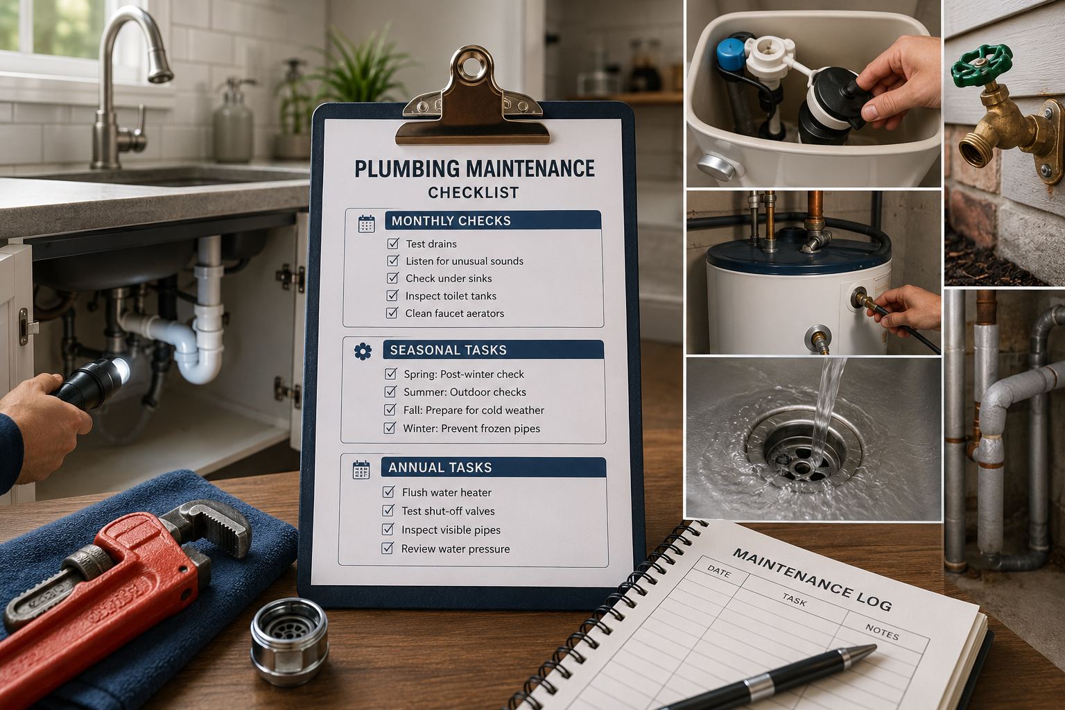 Wide rectangular image showing home plumbing maintenance, including sink drainage, under-sink pipes, toilet tank inspection, faucet aerator cleaning, water heater maintenance, supply lines, shutoff valve testing, and professional plumbing inspection.