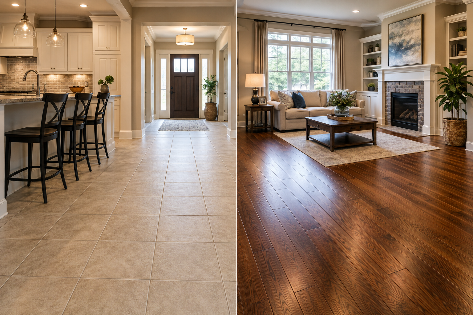 Tile vs hardwood flooring comparison in a modern American home, showing durable tile in a kitchen and entryway alongside warm hardwood flooring in a comfortable living room.