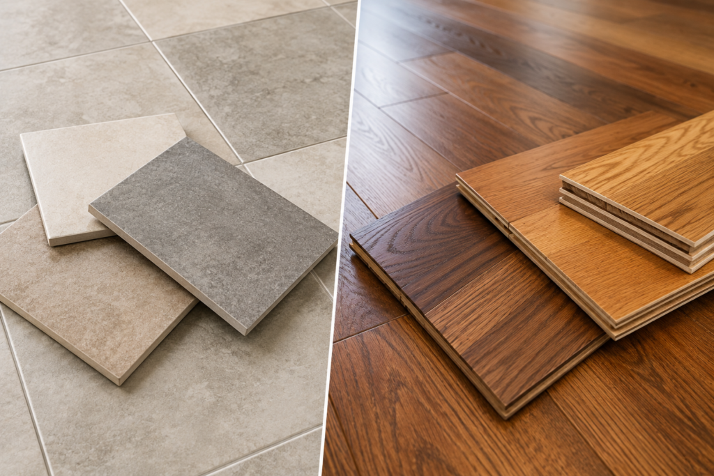 Ceramic and porcelain tile samples compared with solid and engineered hardwood flooring samples, highlighting the distinct materials and natural wood surfaces
